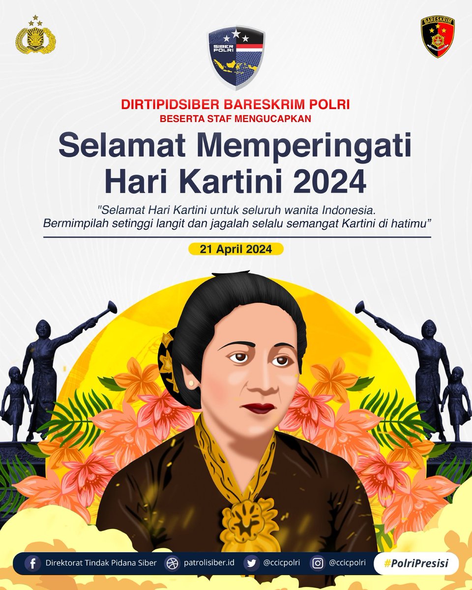 Selamat Memperingati Hari Kartini 2024 🙋 'Selamat hari kartini untuk seluruh wanita Indonesia. Bermimpilah setinggi langit dan jagalah selalu semangat Kartini di hatimu' #PolriPresisi #SalamPresisi #HariKartini2024
