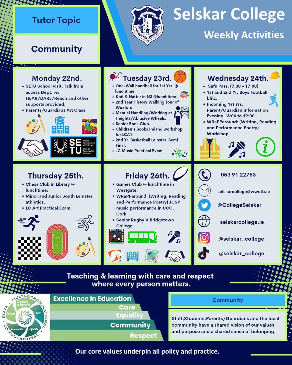 Busy week ahead ! 👏🤝
Check out our Weekly Activities. 🏐🚶‍♂️🏀💻🎨🎶🏃‍♀️🏃‍♂️🎲♟️📚

#excellence #community 
#selskarstyle #wwetb
@selskarlib