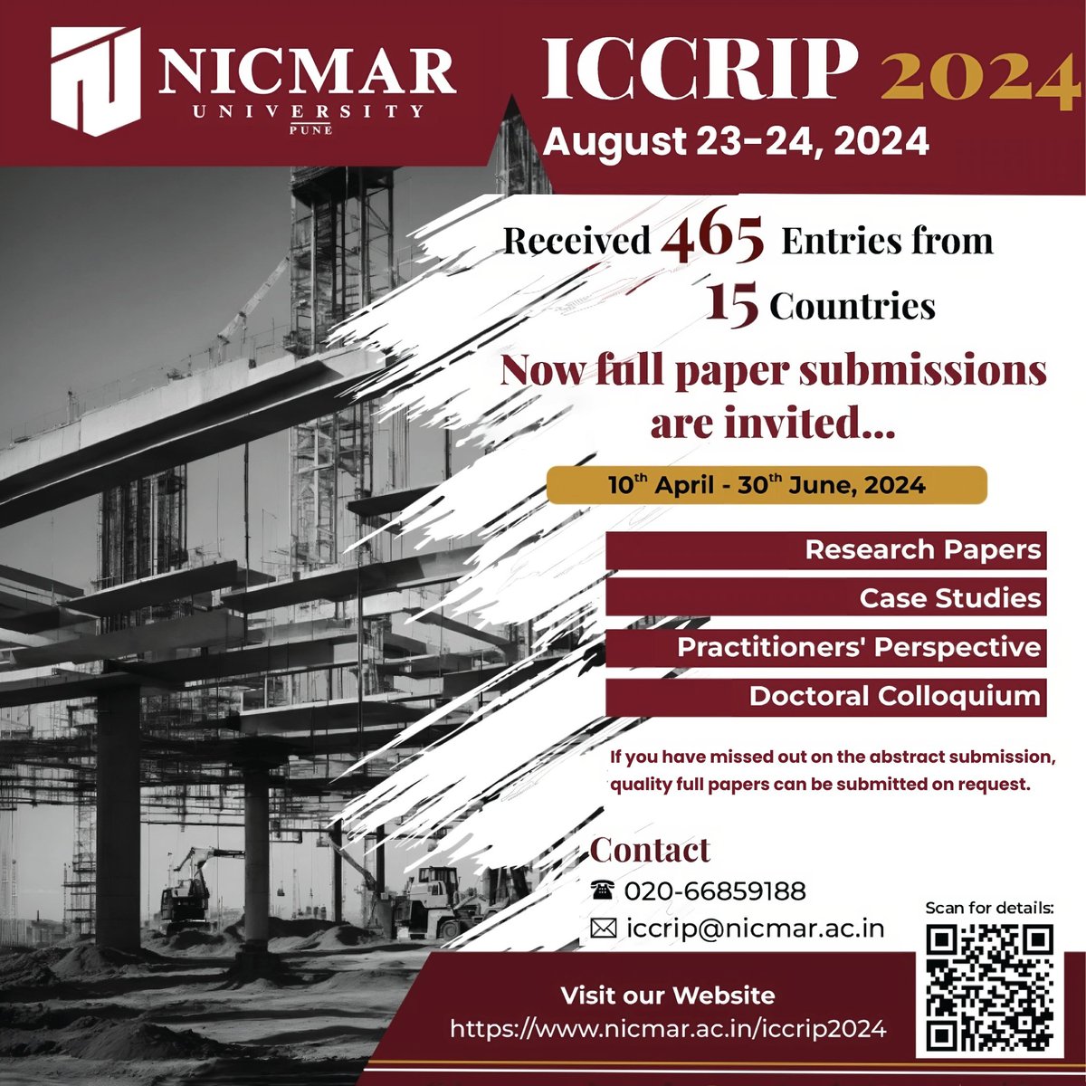 @NICMARofficial Excited to share that we've received a total of 465 entries from 15 countries for our ICCRIP-2024! If you missed the initial submission deadline, don't worry - you can now submit a full paper on request. #NICMARUniversity #CallForPapers #Research