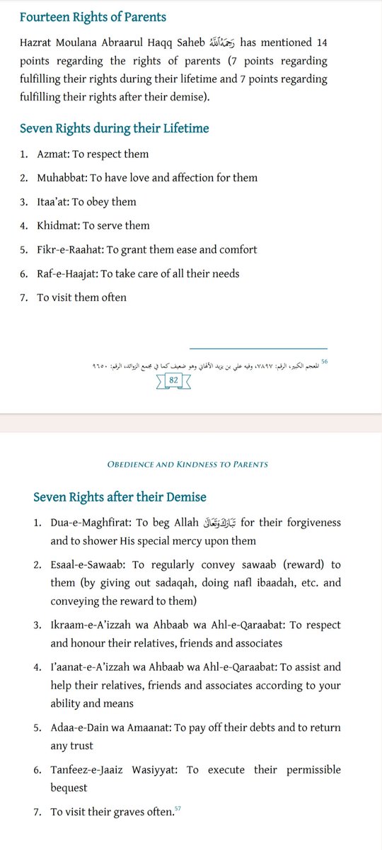 Fourteen Rights of Parents 

Hazrat Moulana Abraarul Haqq Saheb rahimahullah has mentioned 14 points regarding the rights of parents (7 points regarding fulfilling their rights during their lifetime and 7 points regarding fulfilling their rights after their demise).