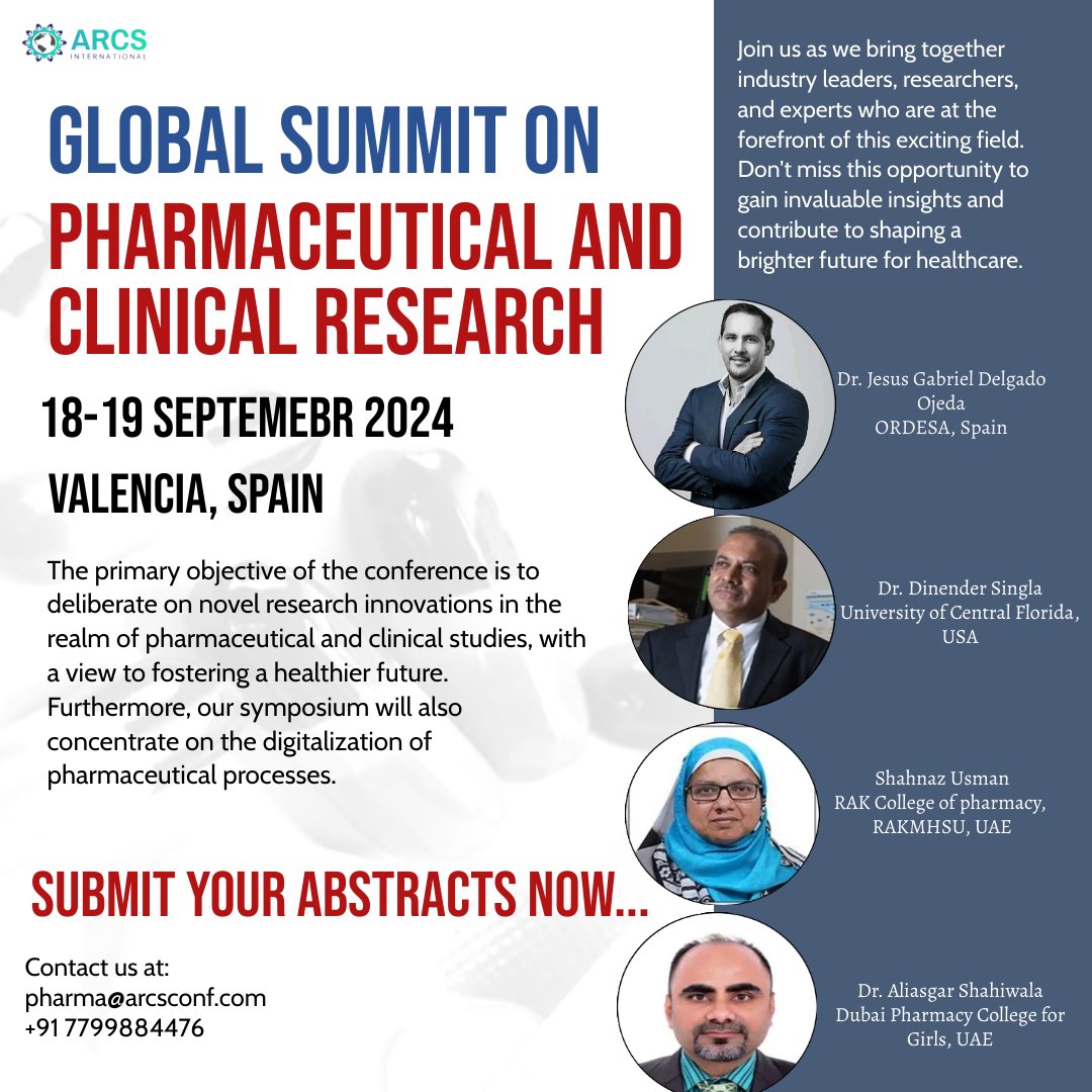 @arcsintl 

We are inviting #abstracts #callforpapers #callforabstracts for the #GSPCR2024 #Pharmaceutical & #ClinicalResearchConference going to be held on #September 18-19 #2024 in #Valencia #Spain #Europe
#Pharma #Pharmaceutics #Pharmetech #Biopharmaceutics #AI