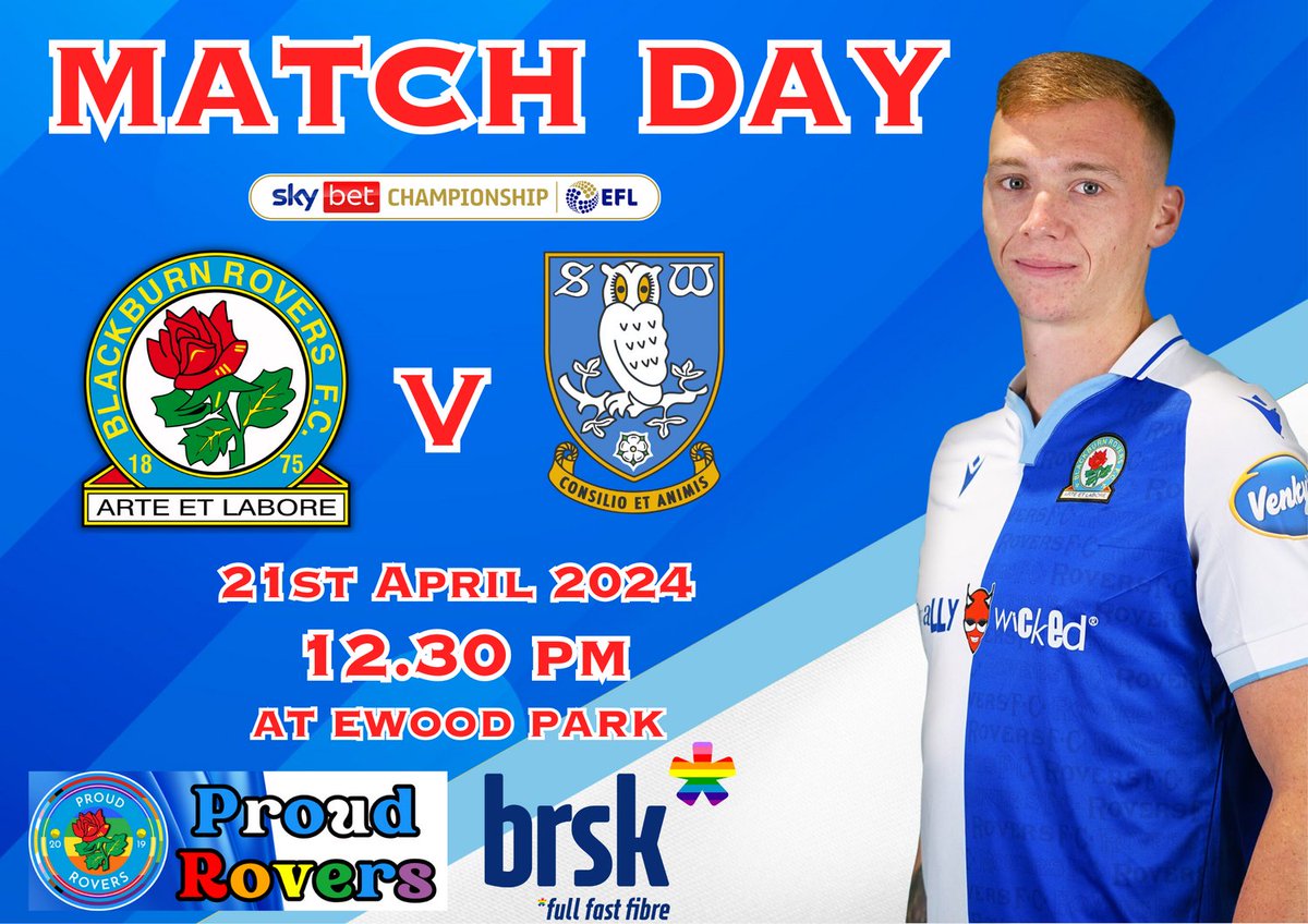 Match Day! Blackburn Rovers v Sheffield Wednesday KO 12.30 PM at Ewood Park Matchdays are proudly sponsored by @Brsk_uk 🌐 Visit brsk.co.uk for more! Proud Rovers membership is free follow the link to sign up. forms.office.com/r/7V8UYQL6YD