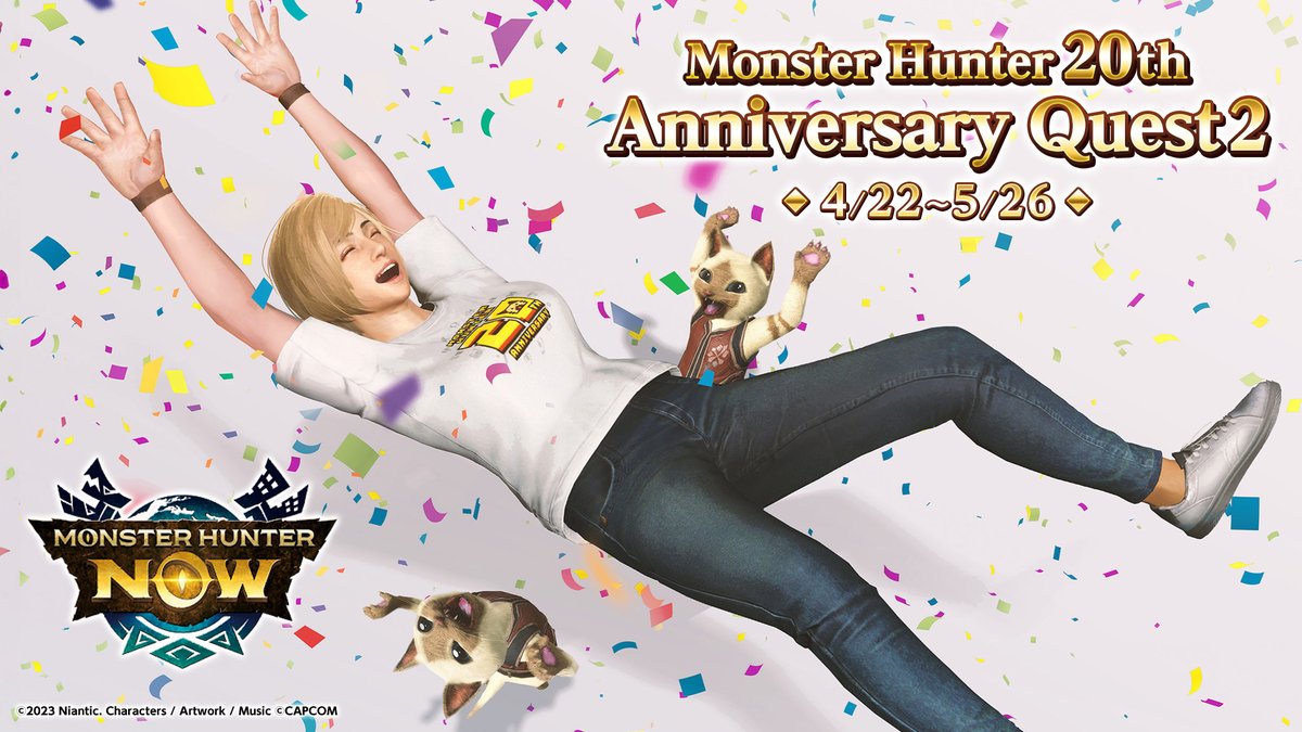 ✨ Monster Hunter 20th Anniversary Quest Part II ✨ New limited-time quests starting April 22nd at 9am! Complete them all for monster materials, Zenny, and the 'MH 20th Anniversary (Cute)' layered t-shirt! 🎁 #MHNow monsterhunternow.com/news/mh20thann…