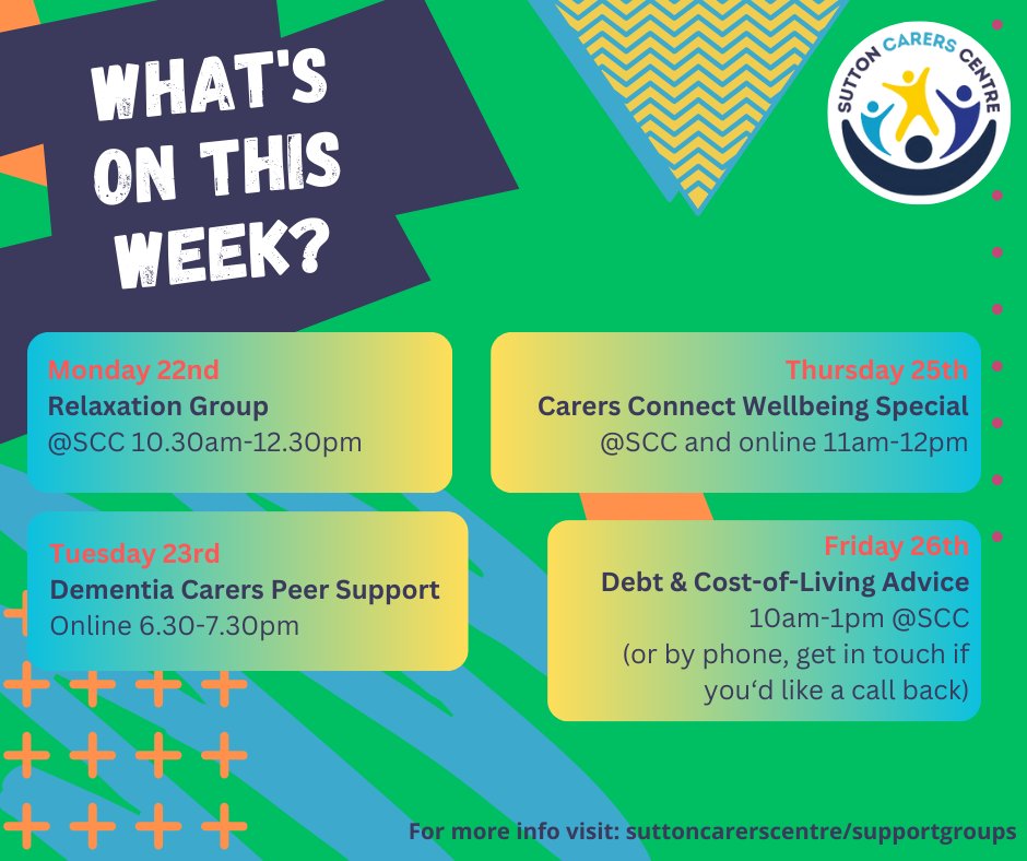 Here's this week's groups! Our #Dementia #unpaidCarers Peer #SupportGroup is in the evening on Tuesday, so if you can't make daytime groups, take advantage to join other #unpaidCarers in this safe online space.