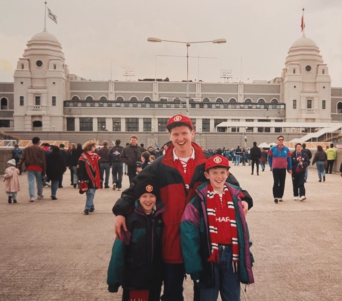 Wembley Stadium, London - 10 April 1994 Submitted by John Clarke 'My brother Michael, uncle Peter and I outside Wembley for the FA Cup Semi v Oldham in April ‘94.' #facup #wembley #1990s #90s #football #manchesterunited #manutd #mufc #unitedfanculturearchive #realchangemcr