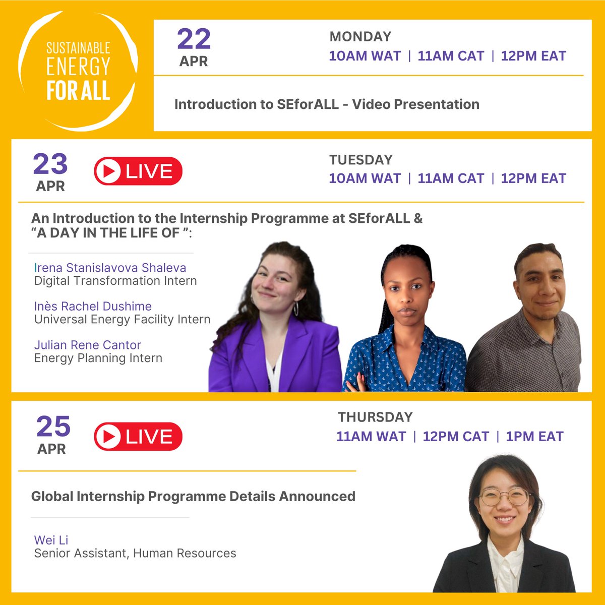 Sustainable Energy for All | #SDG7BeBold (@seforallorg) on Twitter photo 📣 Attention all graduates & youth passionate about the #energysector! Discover the SEforALL Internship programme! Join our webinars to learn more & hear firsthand experiences from our interns:
📅 April 23
📅 April 25
🔗 Join us: bit.ly/4aY4mjc
<a href="/youth_energysum/">youthenergysummit</a> 📣 Attention all graduates & youth passionate about the #energysector! Discover the SEforALL Internship programme! Join our webinars to learn more & hear firsthand experiences from our interns:
📅 April 23
📅 April 25
🔗 Join us: bit.ly/4aY4mjc
<a href="/youth_energysum/">youthenergysummit</a>