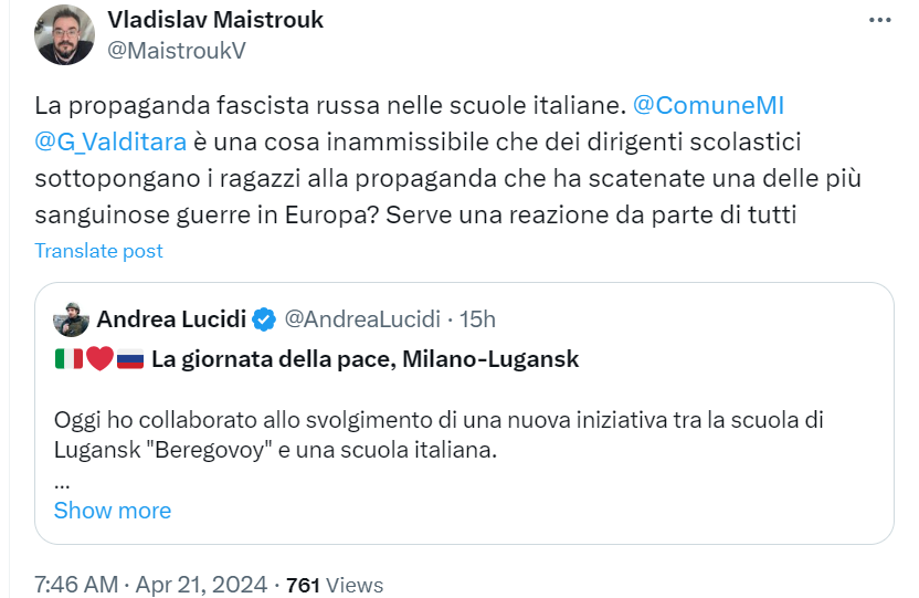 📌Francamente, non ho più parole @Montecitorio @GiorgiaMeloni @G_Valditara @GuidoCrosetto 

Did the @ComuneMI or other authorities allow #Russian propaganda directly into our schools in 🇮🇹#Italy? 

cc @LiaQuartapelle @CarloCalenda