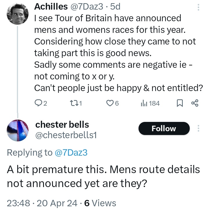 Having to point out there's a womans @TourofBritain not just a mens 🙄
Races announced as has women's route. Mens route awaited. Just to clarify 😬
Don't normally pander to people like this but......