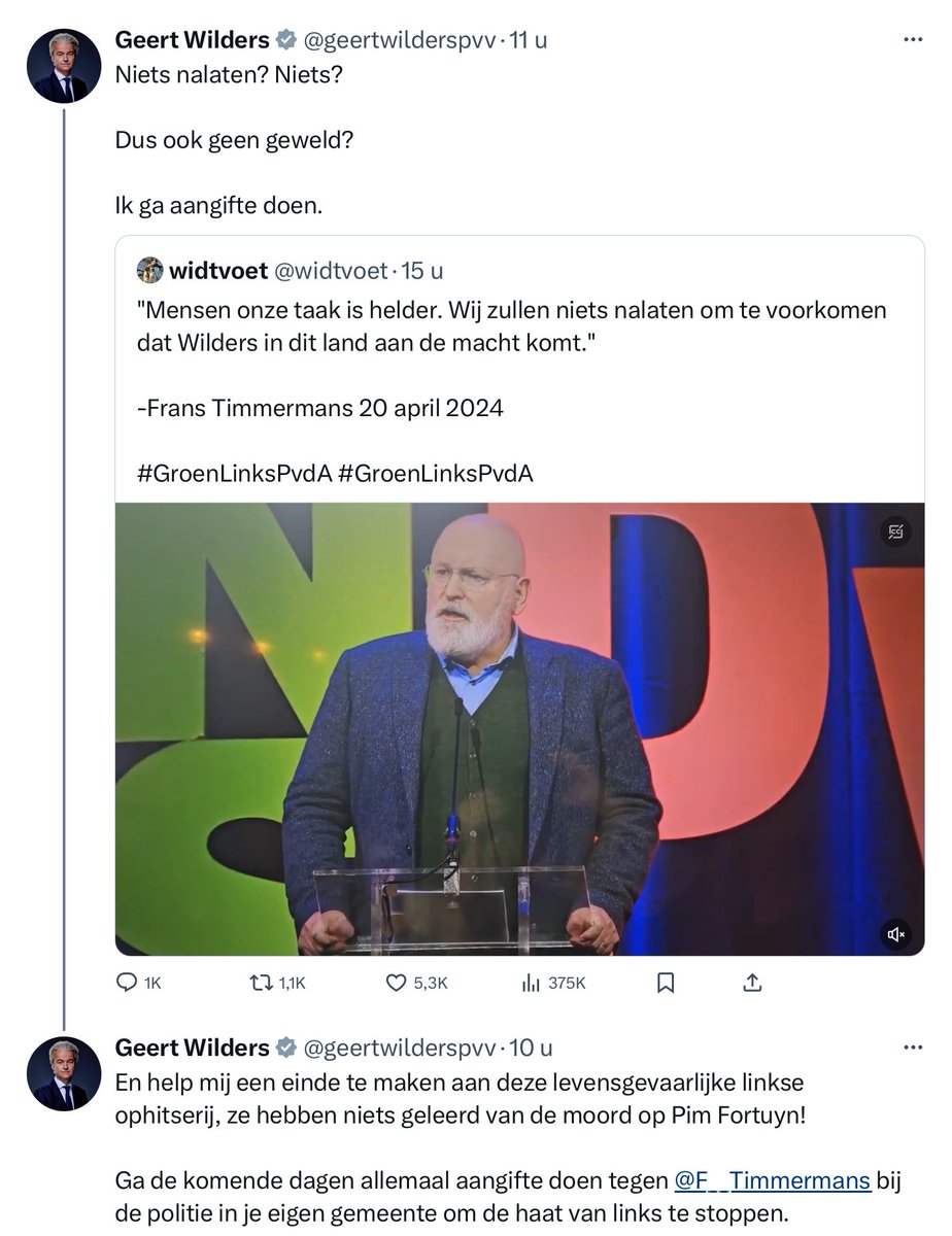 #Wilders is nog niet aan de macht, maar probeert nu al de oppositie het zwijgen op te leggen. Hij begint dus mensen op te hitsen en vraagt zijn achterban om ook aangifte te doen tegen #Timmermans. Hij heeft met deze actie twee hoofddoelen: 1- Hij weet heel goed dat zo’n