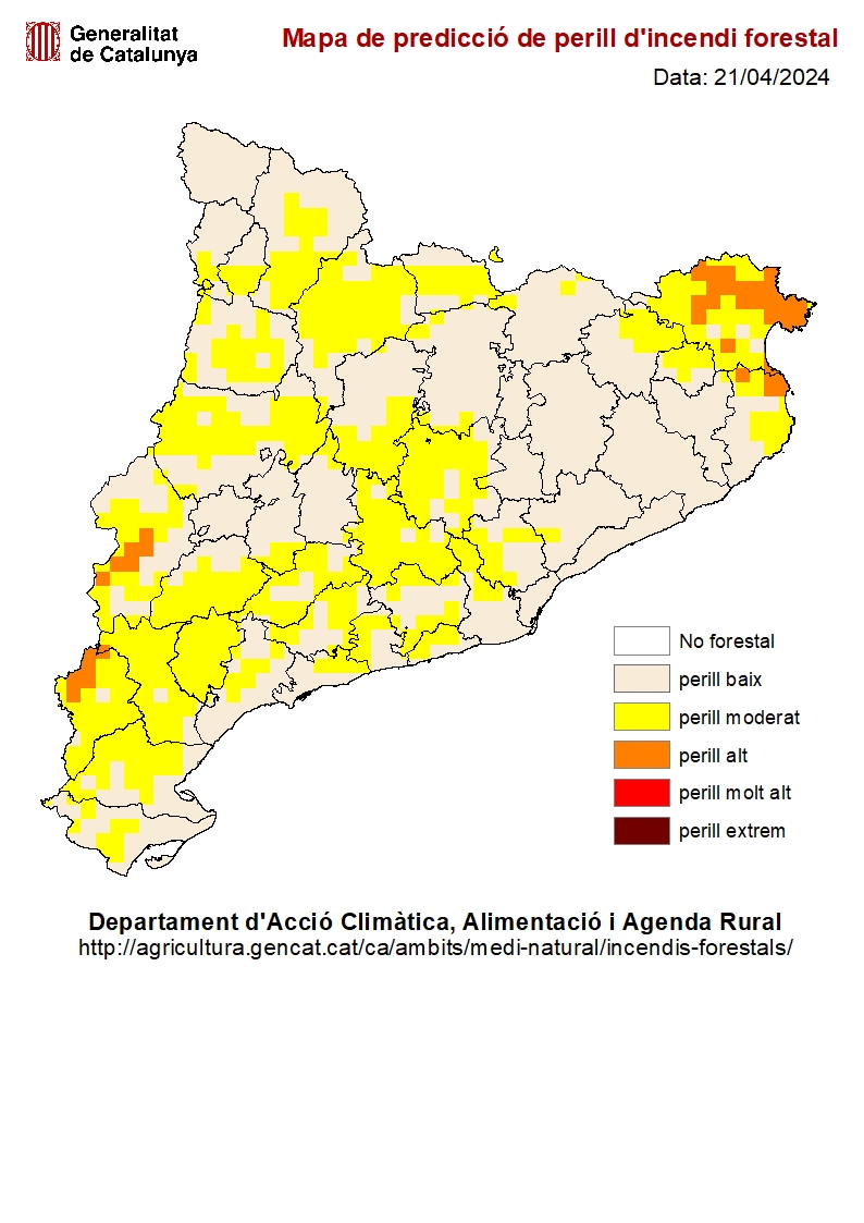 Mapa de predicció de perill d'incendi forestal per avui 21 d'abril