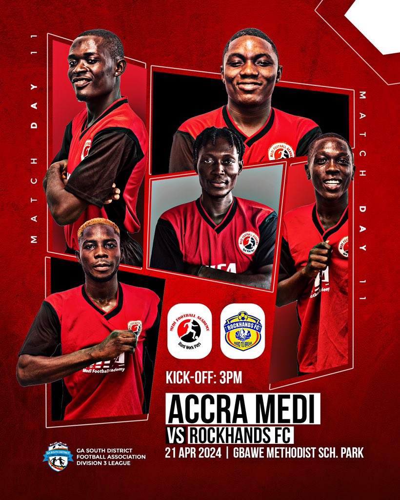 IT’S TODAY! Rockhands FC at Gbawe… ⚽️🔴⚪️⚫️
 
. 
#medifootballacademy #BringBackTheLove #football #ghana #youngtalent #gbawe #prideofgbawe #madeingbawe #matchday #african #league