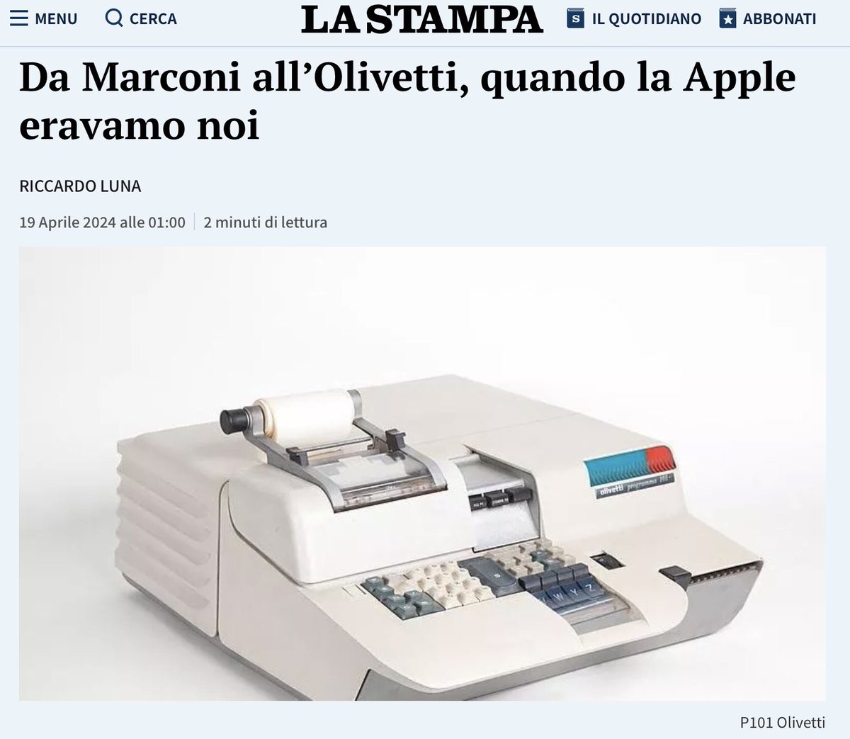 gdt62's tweet photo. #giornatamondialeinnovazionecreativita
Da #Marconi a #Olivetti, quando. #Apple eravamo noi by @RiccardoLuna via @LaStampa
#P101 #innovazione #storiadiinnovazione #ivrea #unesco #biennaletecnologia #design #olivettistyle
@OlivettiOnline @ArchOlivetti @Fond_A_Olivetti https://t.co/9YGMwPj32Q