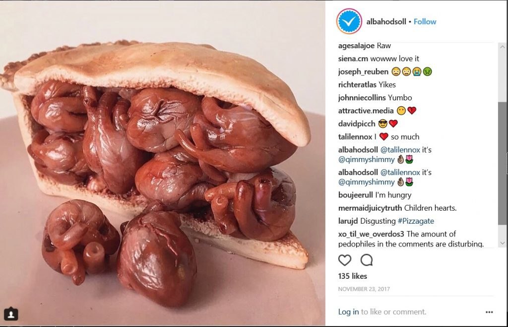 Alba Hodsoll is an artist with ties to Rachel Chandler. Rachel Chandler would recruit girls for Jeffrey Epstein. Alba Hodsolls' art appeared on Rachel Chandlers' Instagram. This is a pie with baby hearts and hands. Now ask yourself......where did she get these?