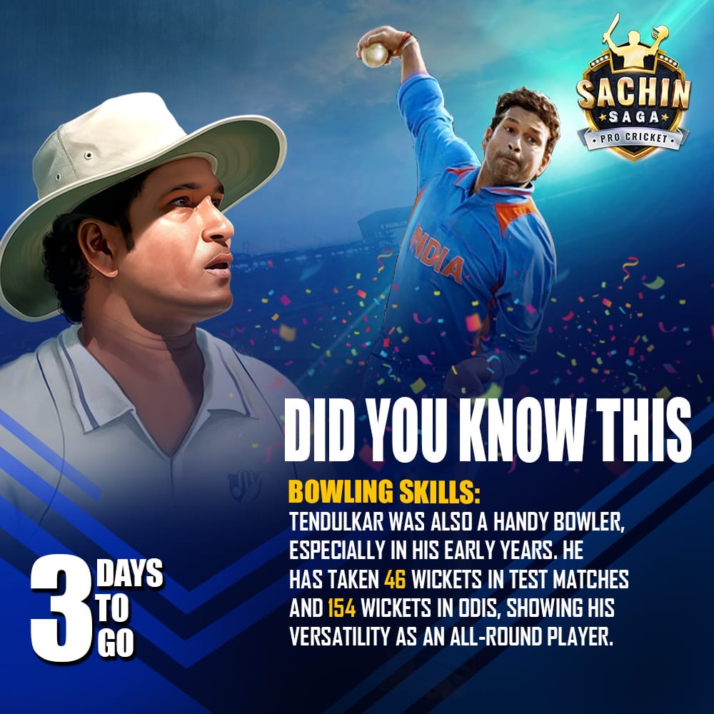 Did you know the cricket legend wasn't just a batting maestro? His bowling skills were🔥 too! From spin to seam, he had it all! Let's countdown to his big day! 🎂🎉 

#SachinTendulkar #SRT51 #HappyBirthdaySachin #itsPROtime #SachinSagaProCricket
 #3DaysToGo