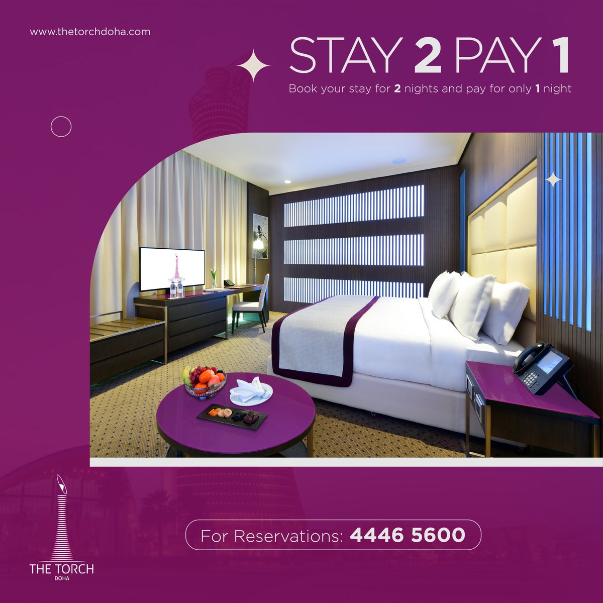 The perfect blend of comfort and luxury for your weekend escape.🏨🛋️

Stay 2 Pay 1!
Deluxe Room Single/Double
QR 900/ 1100
Inclusive of breakfast

Except for holidays and high occupancy.
from May 1st to Sept 30 2024
Subject to availability.

#TheTorchDoha