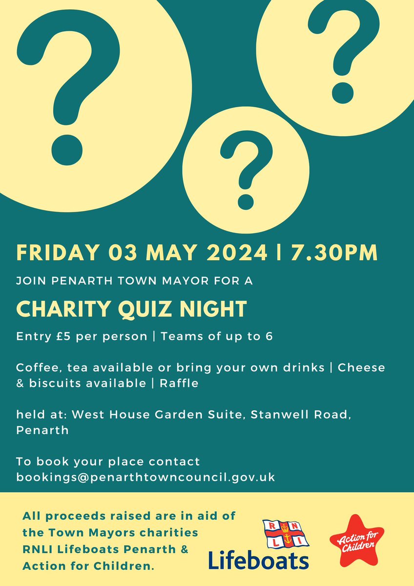 As we come to the end of being <a href="/PenarthCouncil/">Penarth Town Council</a> Mayor charity of the year she is holding another quiz on Friday 3 May.

Please support if you can.

#Penarth #RNLI #savinglivesatsea #community