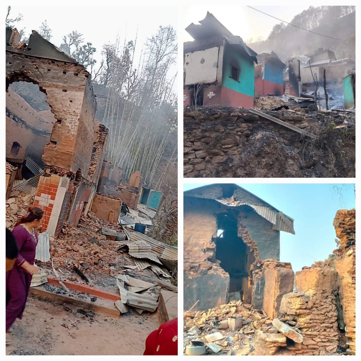 Deadly forest fire resulting huge loss of lives and damages of properties in recent days in Nepal. Pictures showing the impact of forest fire in settlement, assets, grain and their livestock. #lessRainfall #dryVegetation #humanCause @NDRRMA_Nepal @LossandDamage