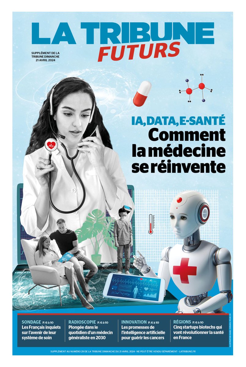 Veille #Esanté : 📚 Dossier spécial '#IA, #Data, E-santé, Comment la médecine se réinvente' dans le supplément 'Futurs' @LaTribune Dimanche 💡Ce dossier de 14 pages parcourt les grands enjeux et défis auxquels la santé numérique peut répondre: shorturl.at/jklEH #hcsmeufr