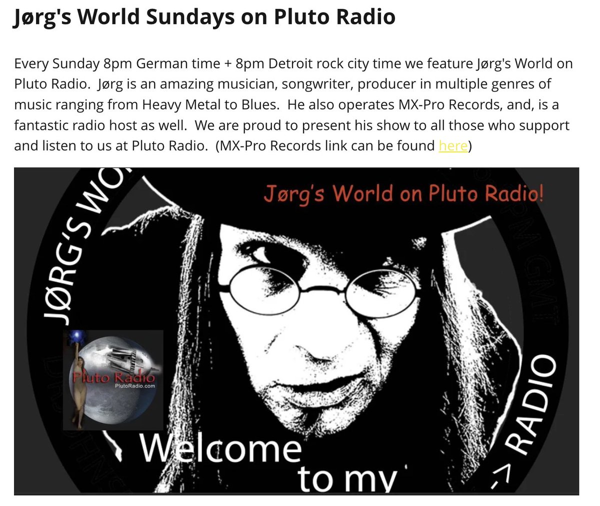 the fantastic vibe of rock brought to you by sir Jorg - JORG'S WORLD - Sunday 8pm German time + 8pm Detroit time.. Freakin' plug in y'all. plutoradio.com