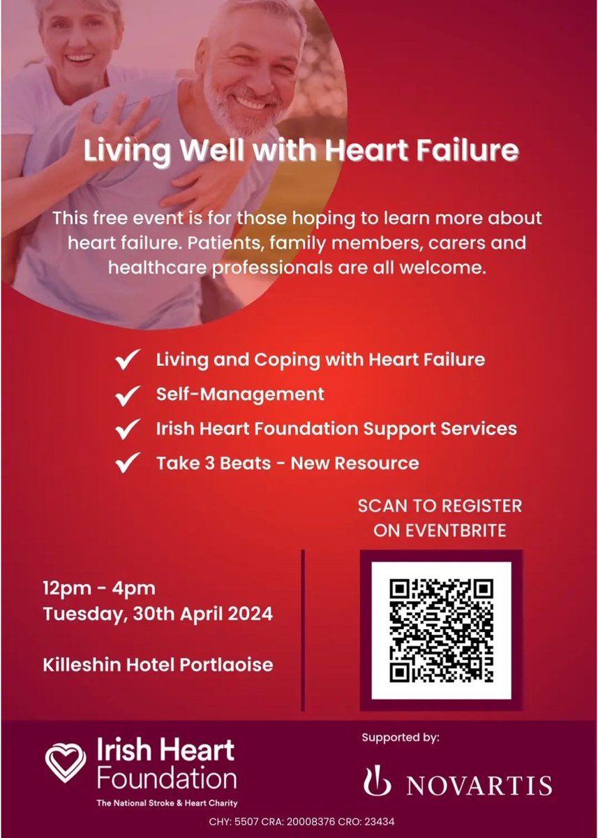 NormaCaples's tweet photo. Great opportunity, Tuesday April 30th, to learn about #heartfailure and how to live well with it. Hosted by @Irishheart_ie. Free to attend. https://t.co/Crfwq7eJNF