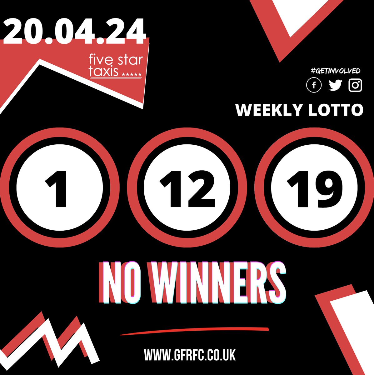 🔺◾️ 𝗪𝗲𝗲𝗸𝗹𝘆 𝗟𝗼𝘁𝘁𝗼 ◾️🔺 🎰 1 - 12 - 19 ❌ No winners 🤩 Next estimated prize £900 🎟 get your tickets from the bar or - ▶️ PLAY NOW online- clubforce.com/clubs/gala-fai… 🎰 Drawn Saturday Night #GETINVOLVED ❤️⚫️