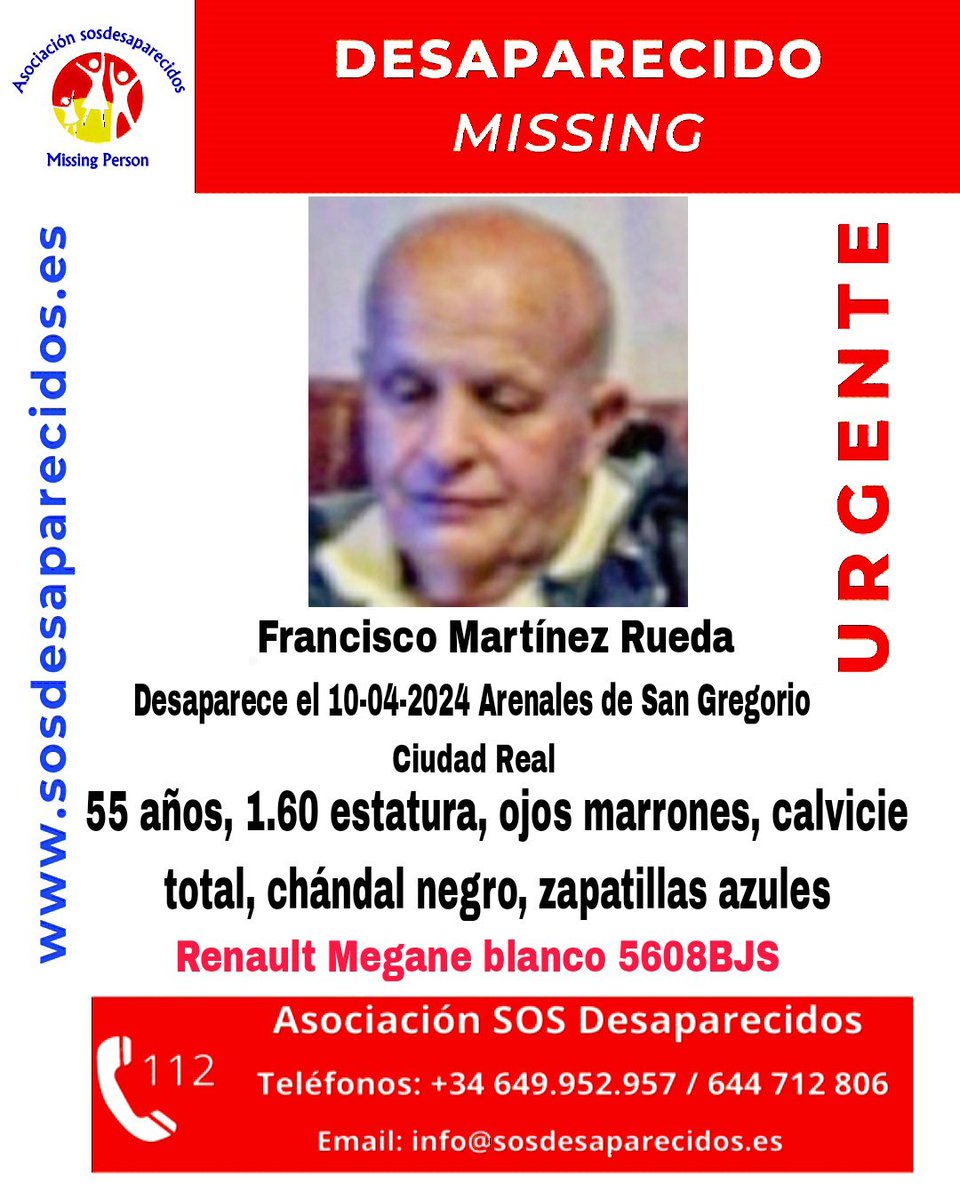 🆘 DESAPARECIDO
Actualización de alerta 
#desaparecido #sosdesaparecidos #Missing #España #ArenalesdeSanGregorio #CiudadReal
Fuente: sosdesaparecidos
Síguenos <a href="/sosdesaparecido/">ALERTA DESAPARECIDOS</a>