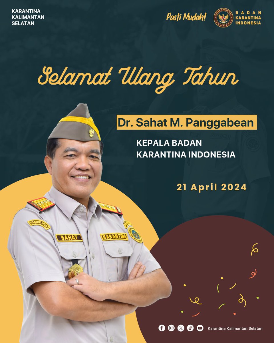 karantinakalsel's tweet photo. Pimpinan dan Keluarga Besar @karantinakalsel mengucapkan Selamat Ulang Tahun Bapak Sahat M Panggabean, Kepala Badan Karantina Indonesia.
Semoga selalu sehat dan diberikan kemudahan dalam setiap langkahnya.
#ulangtahun #sahat #karantinaindonesia #karantinakalimantanselatan https://t.co/sTfFbzzrWs