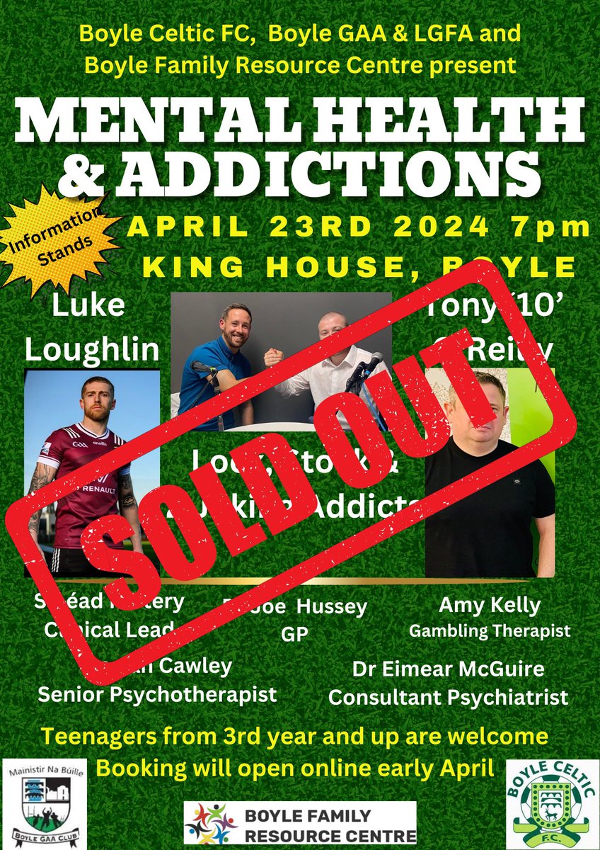 It is fantastic to see our event with @BoyleGAA  & @BoyleCelticFC this Tuesday is booked out. 
Such important and relevant topics in every community. 
We are looking forward to an evening of information, life stories and the recovery & supports.
#familyresourceirl