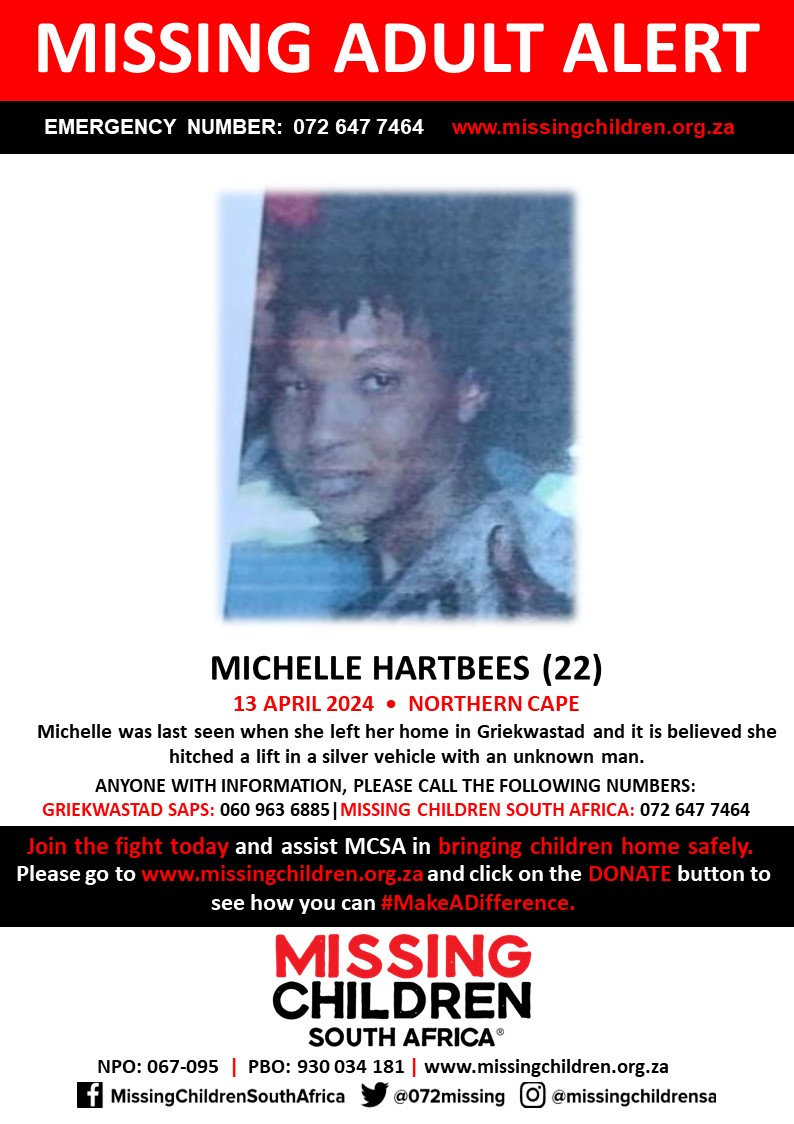 #MCSAMissing Michelle Hartbees (22) was last seen 13 April 2024 If you personally, or your company | or your place of work, would like to make a donation to #MCSA, please click here to donate: missingchildren.org.za/page/donate