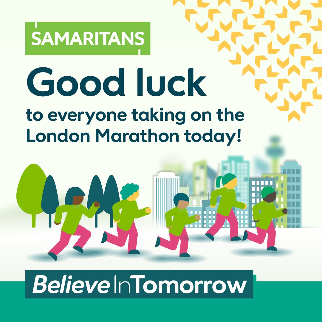 We could not be more proud and excited to cheer on everyone taking part in the @LondonMarathon today, where @samaritans is Charity of the Year🥳 We think you’re all amazing, and we know you’re going to smash it 🏆💚 #TeamSamaritans #Believeintomorrow