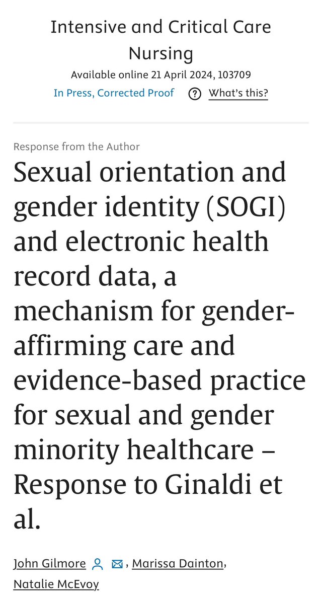 “As a group of authors who represent both cisgender and Transgender individuals, we stress the necessity of authentic participation to enhance their care, and the equity of our system overall.” sciencedirect.com/science/articl… Another short piece on creating Trans inclusive ICUs