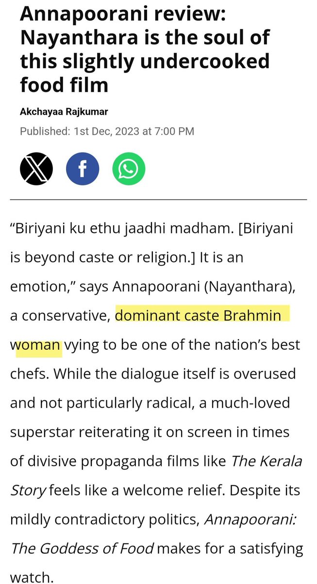 Oh really?
Then why do TNM's movie reviews that talk about fictional characters - like Annapoorani - brand her as 'dominant caste Brahmin woman'?   

It is generally used only when caste based violence is reported. Why use it for fictional characters? So much desperation, eh?