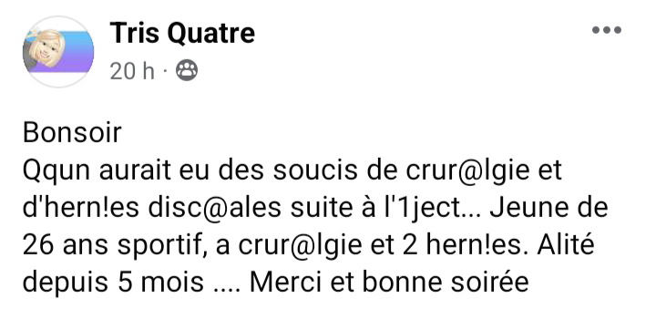 TÉMOIGNAGE n°5263 #effetsindesirables #CovidVaccine (22 février 2024) 
« ...soucis de cruralgie... » : 
catholique.forumactif.com/t993p940-les-p…

#EffetsSecondairesvaccins19 #VaccineDeaths #VaccineSideEffects