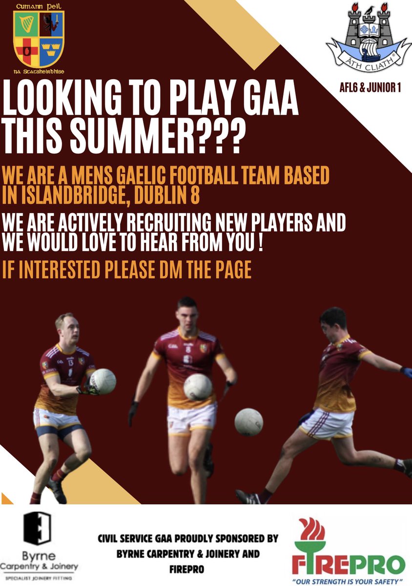 Looking to play a bit of GAA this summer? We are a men’s Gaelic football team based in Islandbridge, Dublin 8. We play in Afl6 and Junior 1 Championship. Training every Tues & Thurs at 7.30pm. New players always welcome. DM the page if interested. #dublingaa #afl6 #gaa