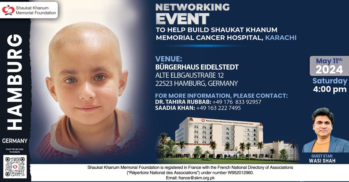 Join us at the Networking Event in Hamburg, Germany, in support of #ShaukatKhanumKarachi. Guest Star: Wasi Shah Date: Saturday, May 11, 2024 For more details, visit shaukatkhanum.org.pk/networking-eve… #EuropeEvents #SKMCH #Madrid #LetsMakeItHappen