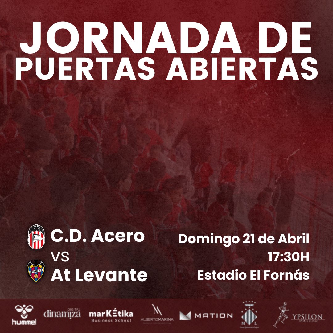 🚨No te pierdas hoy la emocionante Jornada de Puertas Abiertas en el estadio El Fornás en el que se enfrenta el CD Acero vs At. Levante a las 17:30H 🚀 ¡Unamos fuerzas en esta jornada y llevemos a nuestro equipo a la victoria! #TodosSomosAcero🔴⚪️
