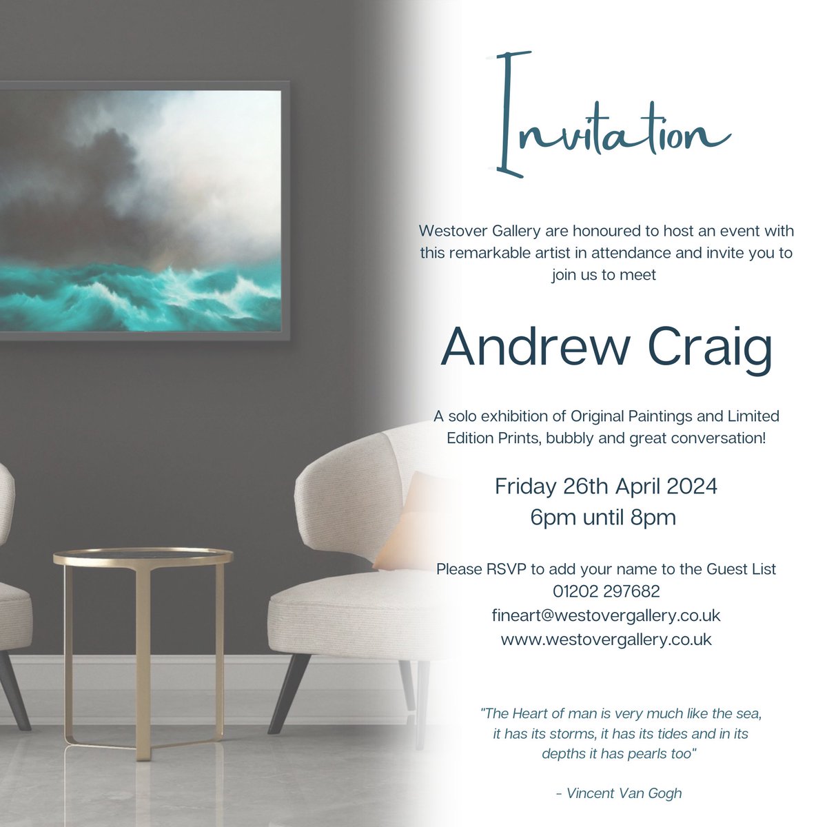 WestoverArt's tweet photo. 🥂 INVITATION 🥂 Look beyond the stormy facade for a calmer inner peace, hope and optimism.   Meet the artist behind these fabulous seascapes on RSVP

https://t.co/YZlROvo0i0

- #AndrewCraig
- #SeascapeArt
- #MountainScape
- #WestoverGallery
- #BournemouthArt https://t.co/IgR9kO8Tai