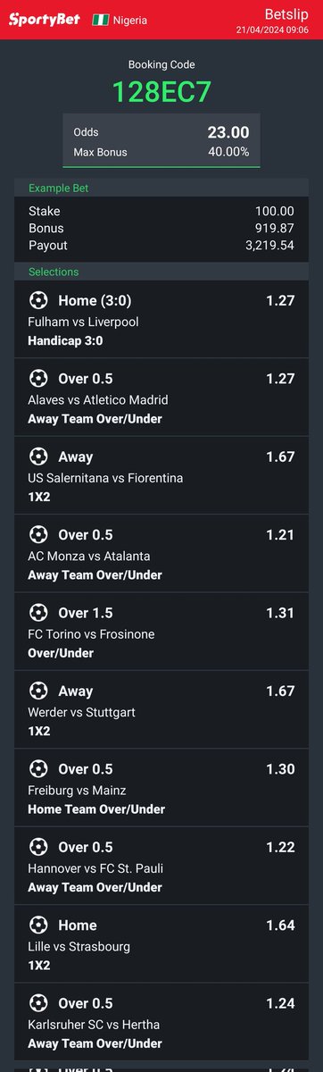 Today's bet slip, edit if you can. Sportybet Code: 128EC7 best of lucks ✅💚✅🏆🤞🏼✅💚💚💚✅🏆
