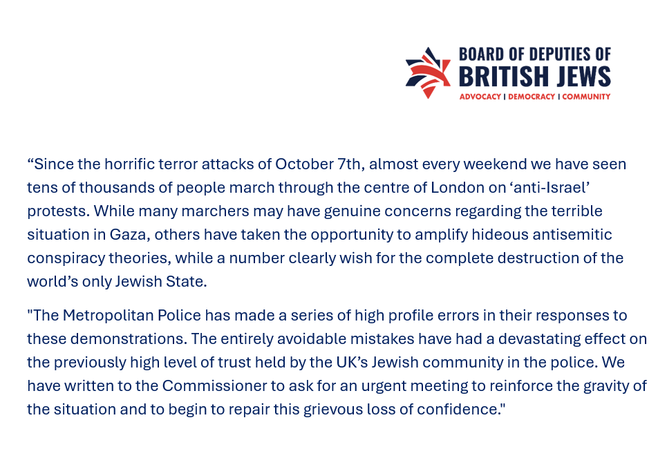 A statement from the Board of Deputies with regards to the Metropolitan Police
