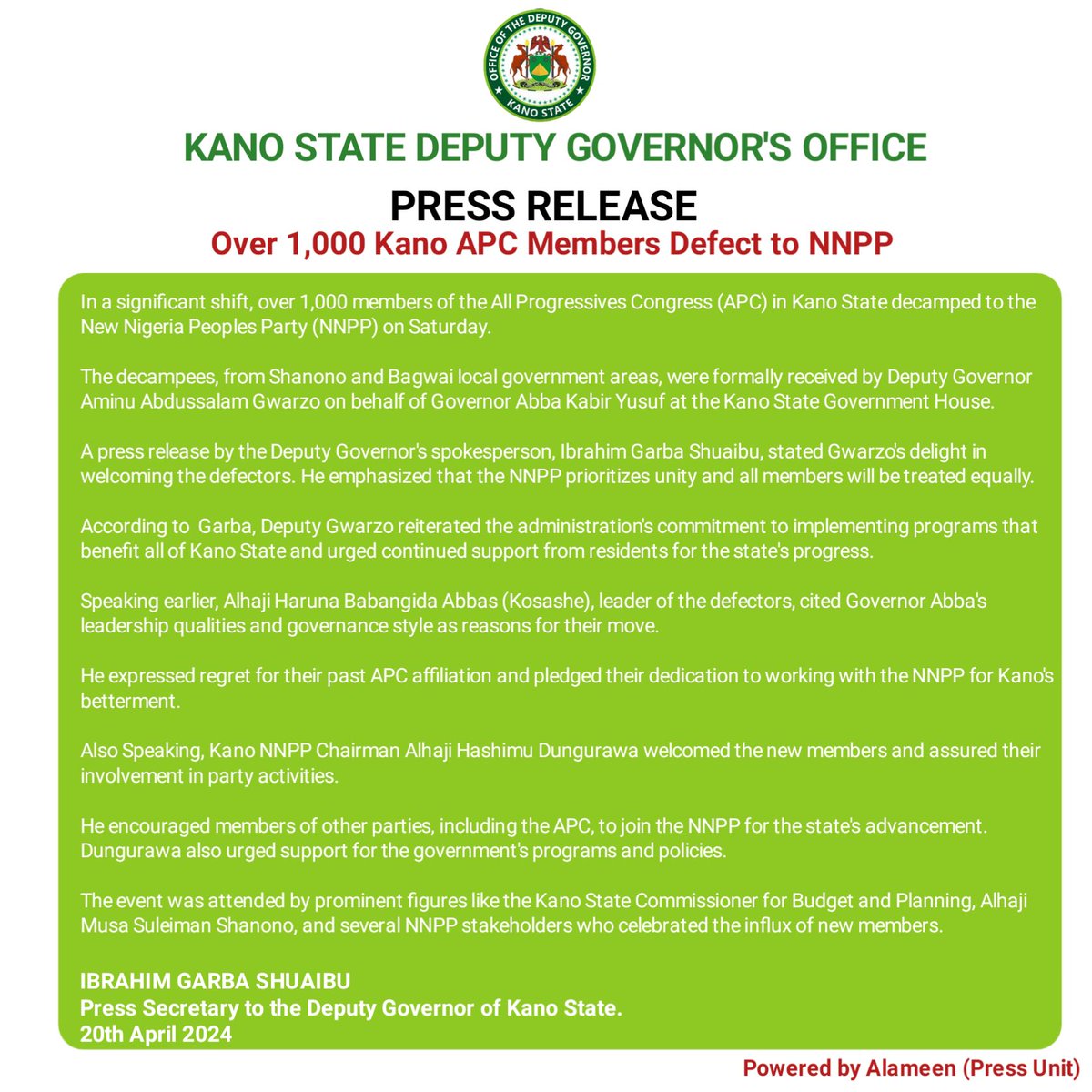 Over 1,000 Kano APC members defect to NNPP