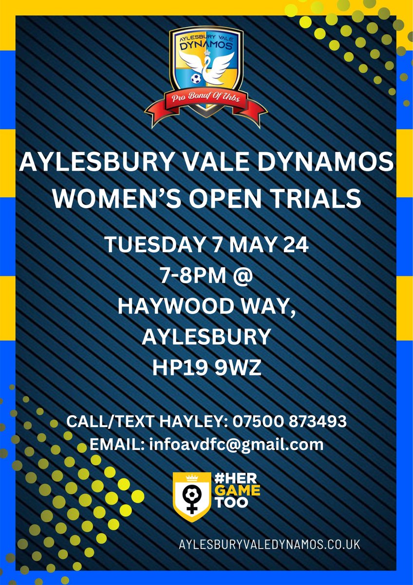 We are inviting prospective players to attend open trials for our new Women’s First Team for the 2024/25 season. Experienced and new players welcome. Must be 16+. Contact us now for more details.

#WomensFootball #HerGameToo #GrassrootsFootball #WeAreTheDynamos @AylesNews