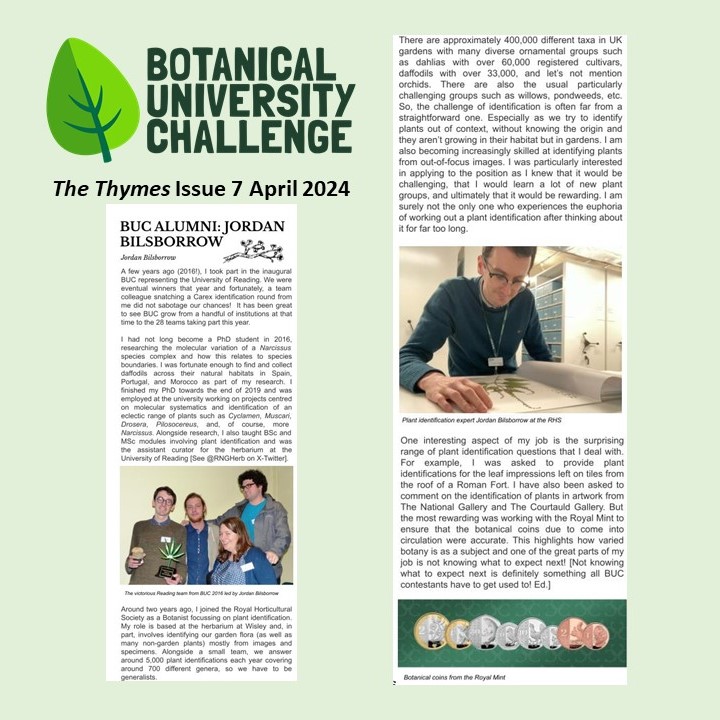 #CareersWithPlants What are people's careers really like? Issue 7 The Thymes, newsletter Botanical University Challenge #BUC2024, ex-student Jordan Bilsborrow describes from 2016 onwards working with plants. Includes advising @RoyalMintUK @RHSLibraries botanicaluniversitychallenge.co.uk/the-thymes/