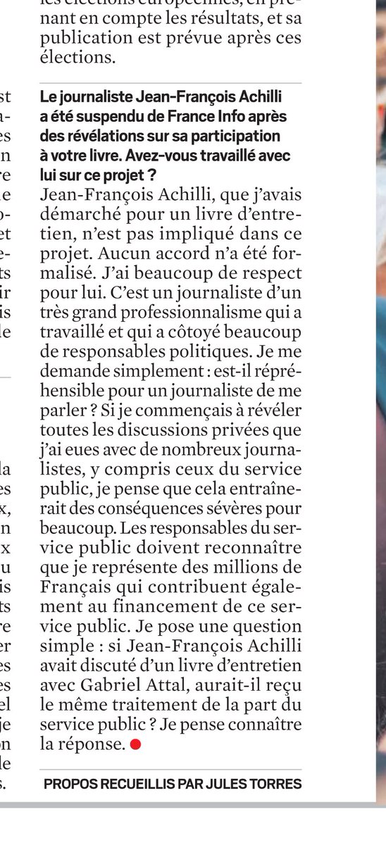 ChloeMorin2's tweet photo. Combien de fois faudra-t-il le dire?

Une discussion sur un livre a eu lieu entre deux hommes, mais le tout-Paris mediatico-politique sait par définition mieux qu’eux ce qu’ils se sont dit.

À la lecture des journalistes qui s’en prennent à Jean-François Achilli depuis près de 6 semaines, je mesure combien le simple recoupement des informations est devenu pour certains purement accessoire, voire superflu. 

Les uns et les autres mériteraient de se poser la question suivante : combien de ces sources souhaitaient-elles simplement se venger, solder un grief? 
(Et si vous vous la posez sincèrement, appelez moi, j’ai la réponse…)

@J_Bardella au @leJDD