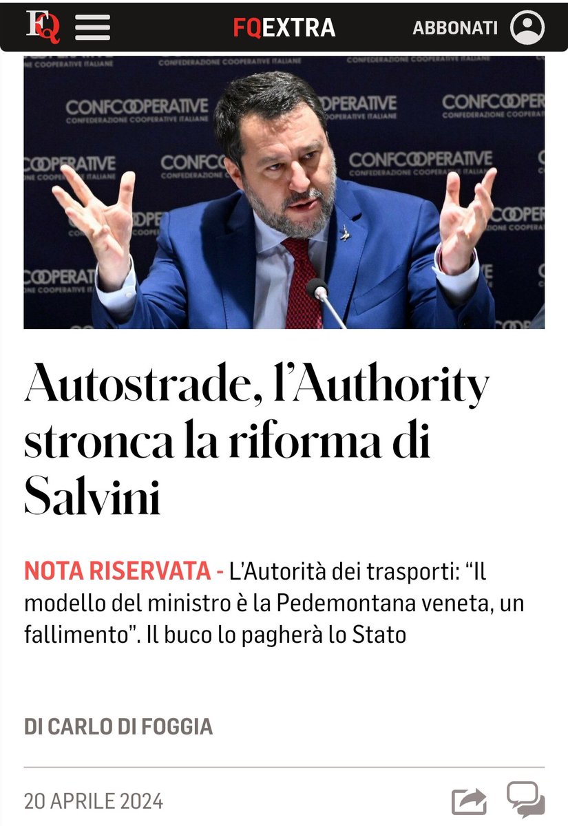 Altra figura di merda del coglione padano.

'Autostrade, l’Authority stronca la riforma di Salvini
NOTA RISERVATA - L’Autorità dei trasporti: “Il modello del ministro è la Pedemontana veneta, un fallimento”. Il buco miliardario lo pagherà lo Stato'.
#SalviniPagliaccio