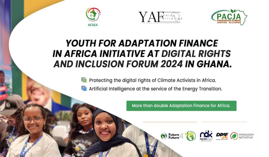 Good news ✨✨
April 23-25, 2024
📍 Accra, Ghana
Youth for Adaptation Finance Initiative will be present at Digital Rights and Inclusion Forum #DRIF24.

#FosteringRightsAndInclusion ✊
#Londa #Morethandoubleadaptationfinance #Yofafa #FAFA @PACJA1 @acsea_54 @ParadigmHQ