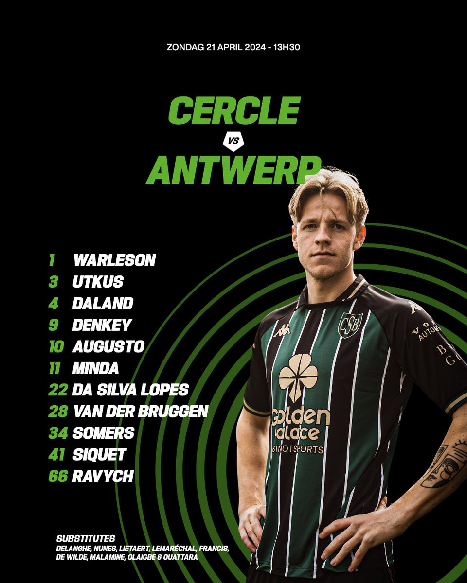 De ploeg van Cercle 🆚 𝗔𝗻𝘁𝘄𝗲𝗿𝗽! 🆇🅸 ➤ Warleson, Utkus, Daland, Denkey, Augusto, Minda, Da Silva Lopes, Van Der Bruggen, Somers, Siquet & Ravych. 🟢⚫️ #CERANT