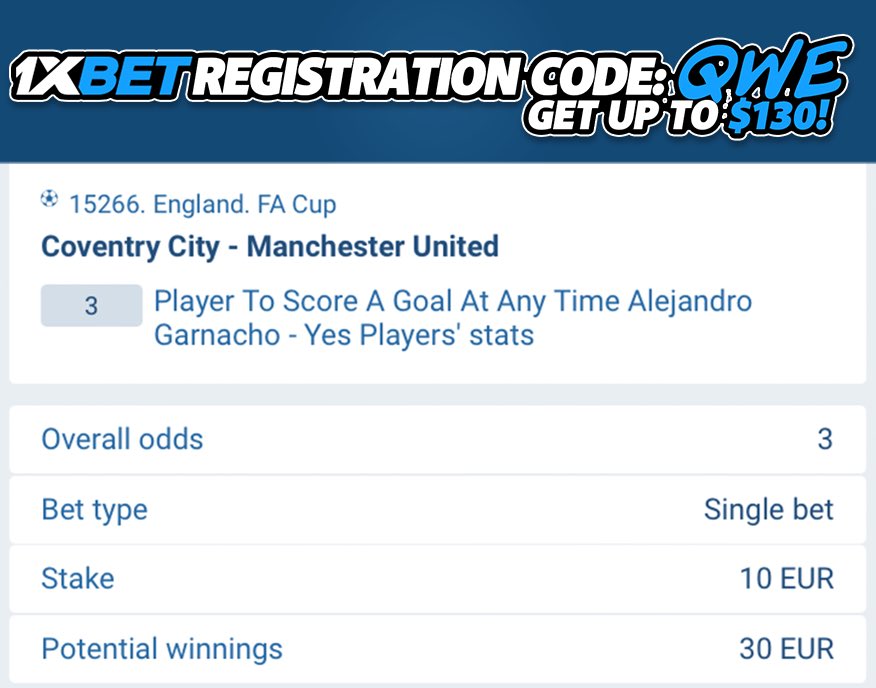 Alejandro Garnacho will score against Coventry. Odds: 3.00❗️ Registration Promo Code (130$ bonus) = 'QWE' 🎁 Full Offer: affpa.top/L?tag=d_427079… #Betting #BettingTwitter #BettingPicks #BettingExpert #FACup #BettingX #COVMUN