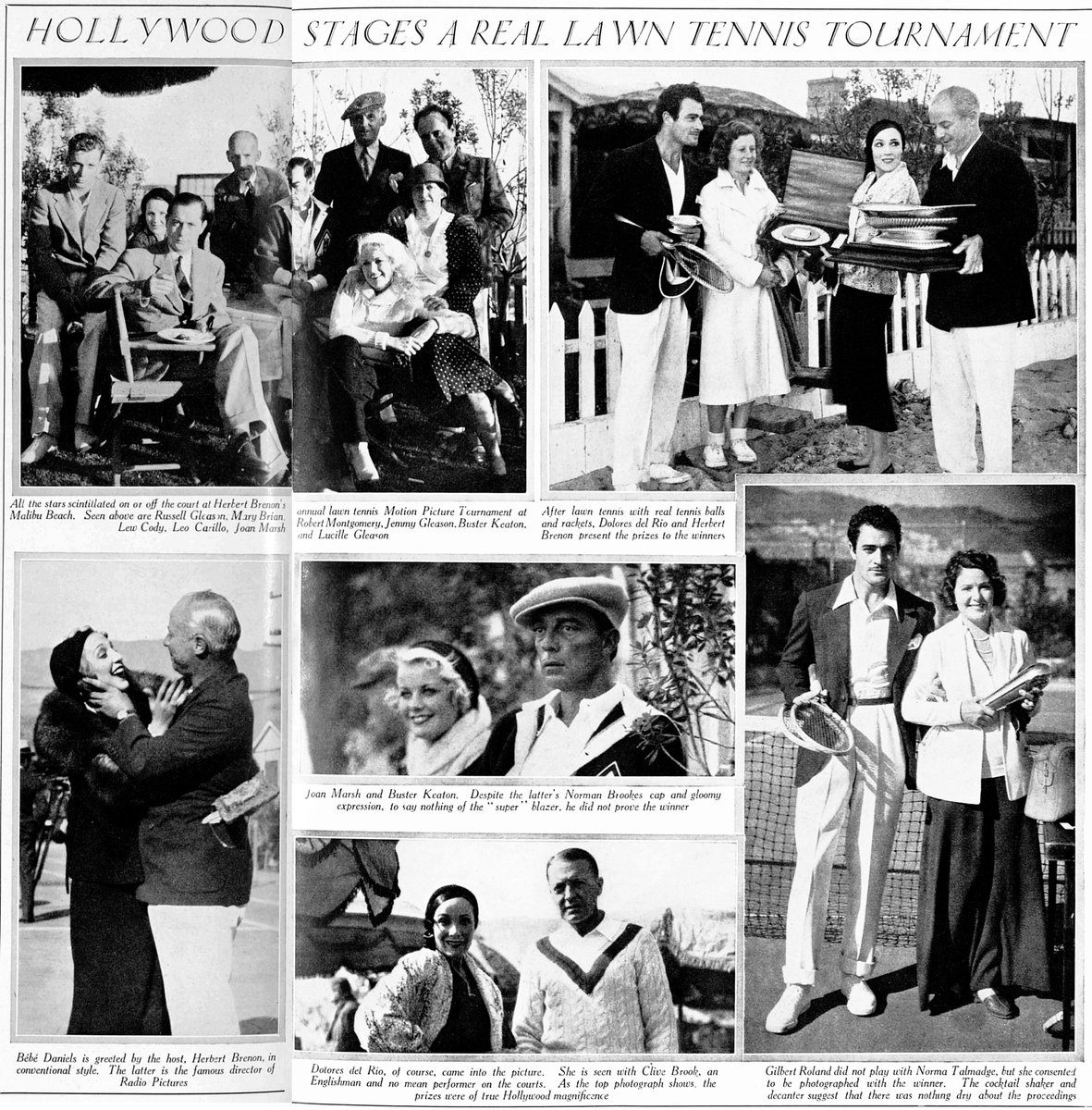 Hollywood Stages A Real Lawn Tennis Tournament
The Bystander, December 2, 1931

#busterkeaton #gilbertroland #normatalmadge #bebedaniels #robertmontgomery #doloresdelrio
#damfino #oldhollywood #tennis #herbertbrenon