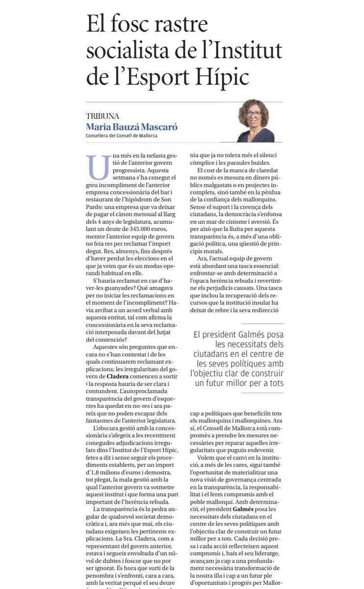 PPdeMallorca's tweet photo. Bon dia ☀️
🗞️‘El fosc rastre socialista de l'Institut de l'Esport Hípic’, tribuna de la consellera,@MBauzaM , al @diariomallorca
Què amagava Cladera per no reclamar els doblers fins a haver perdut les eleccions? 🧐 https://t.co/svaXm6LNpu