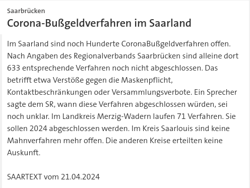 #SKK20240421 #SAARTEXT Im #Saarland sind noch Hunderte #CoronaBußgeldverfahren offen. | #Covid_19 #Corona #Bußgeldverfahren #Saarbrücken #Saarlouis #Merzig #Wadern